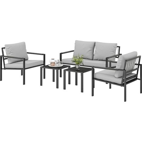 Ensemble de jardin pour 4 personnes résistant aux intempéries, mobilier de balcon avec canapé 2 places, fauteuil, coussins d’assise et table d’appoint, gris clair (1/5)