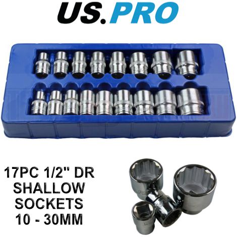 17pc 1/2" DR 6PT Hex Shallow Sockets 10-30mm | Pro 1394 US Pro by Bergen Tools