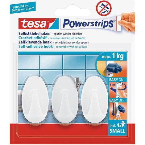 TESA POWERSTRIPS CROCHETS ADHÉSIFS OVALE - 3 X CROCHETS MURAUX AUTOCOLLANTS - ACCESSOIRE SALLE DE BAIN ET PORTE-SERVIETTE - FIXA (1/5)