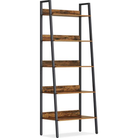 Vasagle – Bibliothèque échelle 5 niveaux – Cadre en acier noir – Style industriel – Dimensions 30 x 60 x 170 cm – Marron rustique – Charge max 10 kg/niveau (1/5)