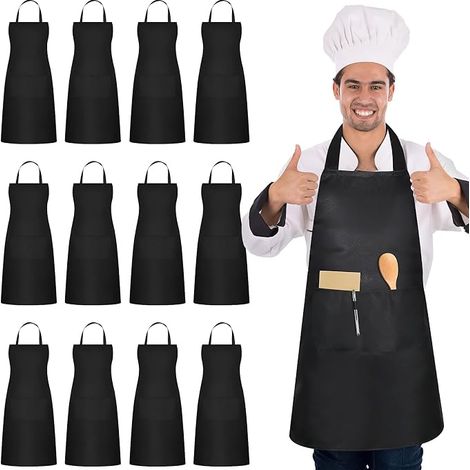 Set di 12 grembiuli da chef da donna - grembiuli neri con 2 tasche - grembiuli per giardinaggio - ristoranti - barbecue - caffè - e altri settori (1/5)