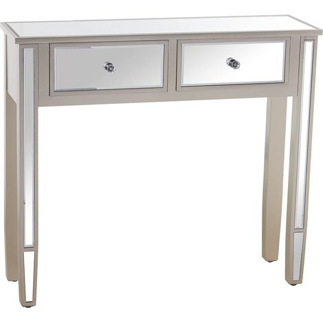 Table d'entrée avec 2 tiroirs en Bois et Miroir en Couleur Champagne et Miroir et 90x25x80cm (1/5)