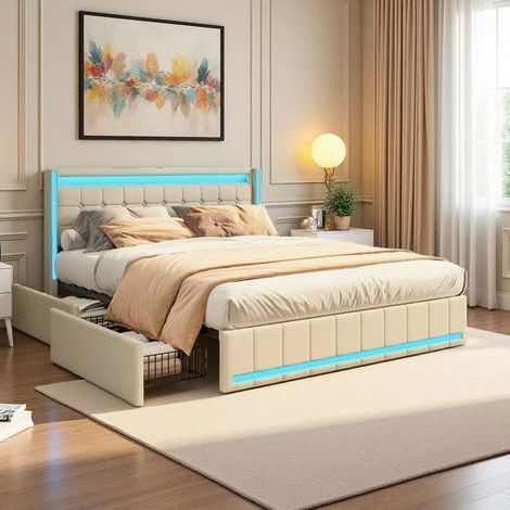 Letto matrimoniale con contenitore 140x190 - letto con cassetto imbottito in lino beige - LED RGB integrato - 4 cassetti in metallo - USB-A/Type-C