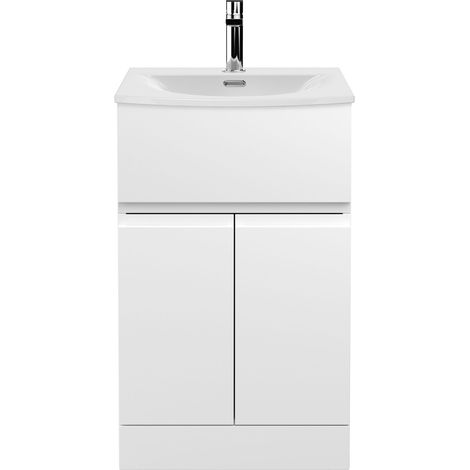 Mavesyn Contemporary 2 Door 1 Drawer Floor Standing Vanity Unit with Curved Basin, Satin White, 500mm