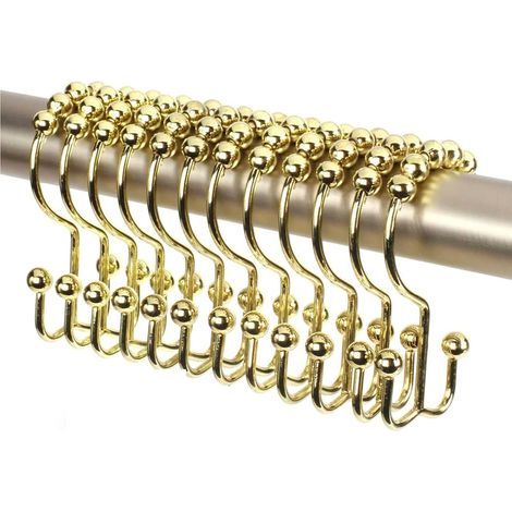 Set of 12 Double Shower Curtain Hooks (Decorative Gold Finish) Made of High-Quality Rust-Resistant Stainless Steel (1/5)