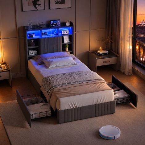 JOOKGBD - Einzelbett 90x200 cm, Jugendbett gepolstert, Kopfteil gepolstert mit LED und USB, Stauraum 2 Schubladen, Lattenrost inklusive, Stabile Konstruktion, Leinen, Grau, ohne Matratze (1/5)