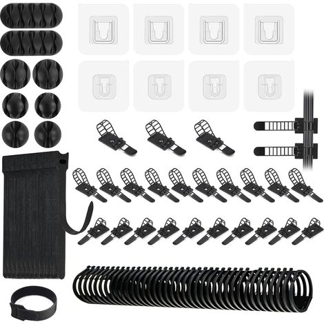 58 Pièces Kit de Gestion de Câbles avec 1 Peigne de Reliure, 25 Attache Cable Autocollant, 4 Paires Crochets Muraux Auto-adhésifs, 20 Serre Câble Réutilisables, 8 Clips Câble (1/5)