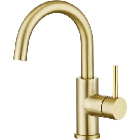 Waschtischarmatur, Schwenkbare Waschtischarmatur, Waschtischmischer mit hohem Auslauf, Armatur für Bad oder kleine Küche, Gebürstetes Gold (1/4)