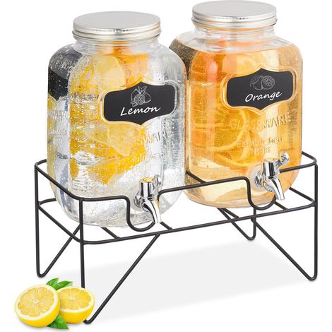 Relaxdays 2 Dispenser in Vetro per Bevande, Erogatore da 4 L con Rubinetto e Supporto, Distributore Acqua e Limonate (1/5)
