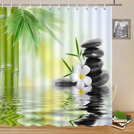 120x180cm Eau Spa Rideau de Douche Vert Bambou Feuilles Orchidée Fleur Zen Méditation Basalte Pierres Floral pour Salle de Bains Polyester avec Crochets (1/5)