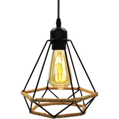 U-DO 2x Lustre Suspension Metal 25cm en forme Diamant Corde de Chanvre Noir (1/4)