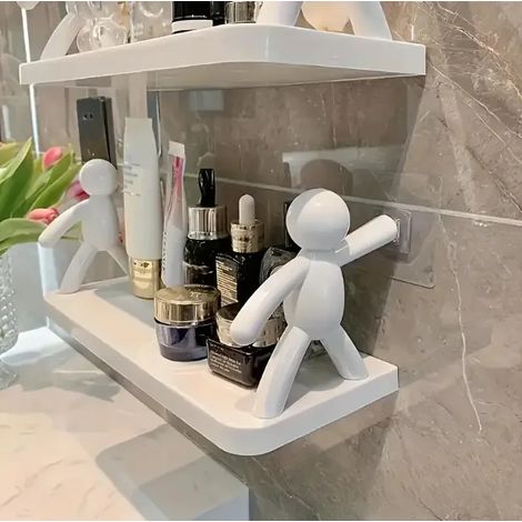 (1 pièce G1648A) Étagères murales modernes en plastique avec figurines humanoïdes, étagère de rangement à plusieurs niveaux pour salle de bain, cuisine ou décoration de salle de bain (1/5)