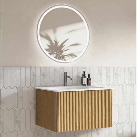 Mueble de baño suspendido 61 cm con lavabo y espejo LED redondo 60 cm, roble, OKMYHOME (1/5)