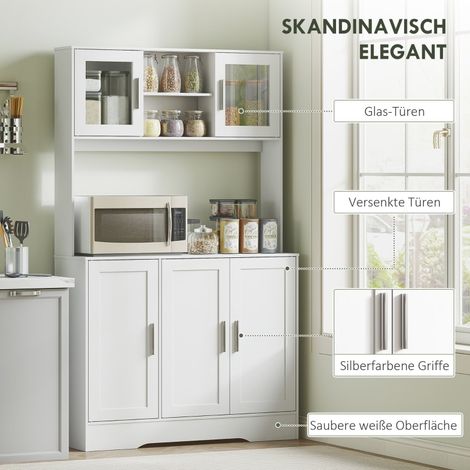 Meuble de cuisine design scandinave, 4 caissons, étagères réglables, portes vitrées, espace ouvert, panneaux de particules et MDF, blanc (1/5)