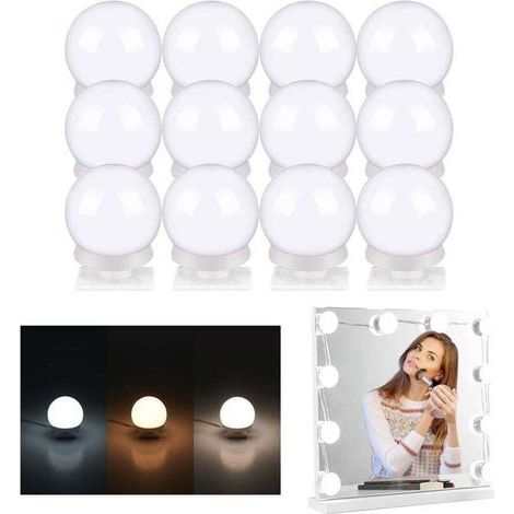 Specchio da trucco a LED stile Hollywood: 12 lampade LED per illuminazione trucco, 3 colori, ricaricabile tramite USB, dimmerabile. (1/4)