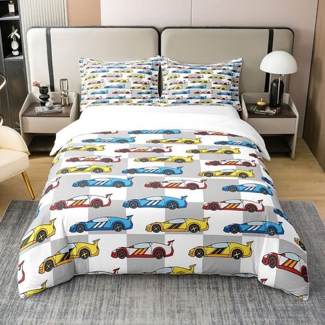 Mignon Racing 100% Coton Housse de Couette 200x200cm Tout - Petit animé Course Parure de Lit garçons Vitesse Voiture de Sport Literie Set coloré Voiture Style Ensemble de lit Gris Blanc - 200 x 200 cm (1/5)
