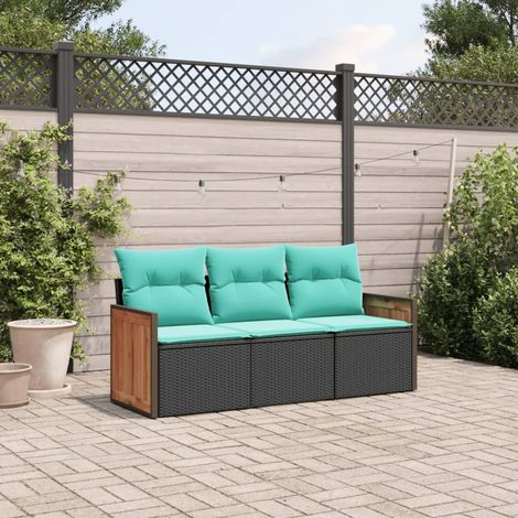 3-teiliges Gartensofa-Set mit Kissen, schwarzes Polyrattan (1/5)