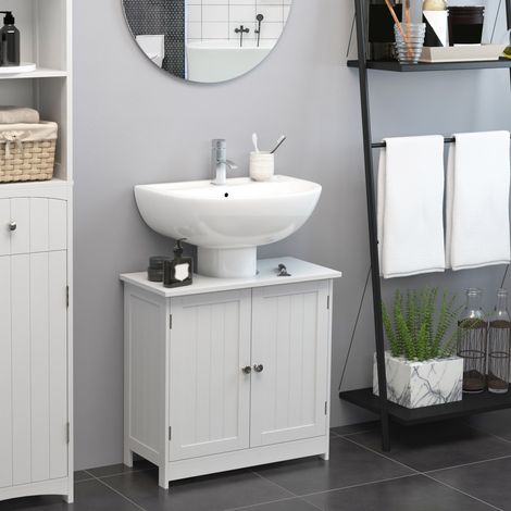 Meuble salle bain Blanc étagère réglable U 2 portes économe espace lavabos avec sans piédestal 60x30x60 cm