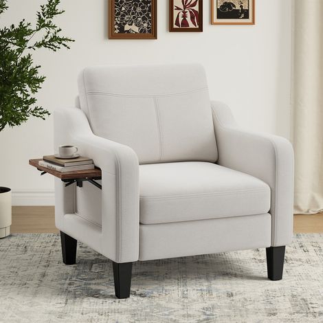 Fauteuil d’appoint moderne en tissu lin avec table rabattable et rangement latéral – chaise ergonomique avec mousse mémoire de forme, style mid-century polyvalent et facile à déplacer (1/5)