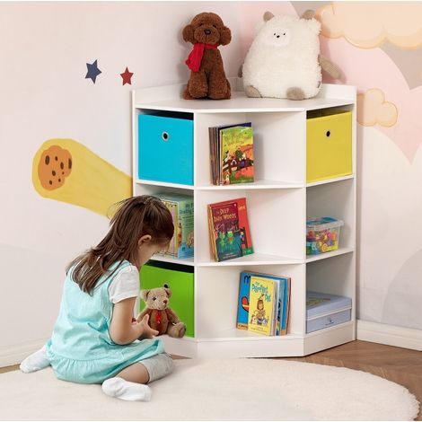 Mobile angolare contenitore per bambini con 3 cesti, MDF bianco 57,4 x 57,4 x 94 cm HAVRYA (1/5)