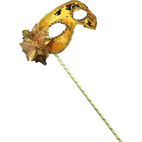 Máscara translúcida de media cara en gasa de encaje sobre un palo con una flor de pluma en el lateral. (1/5)
