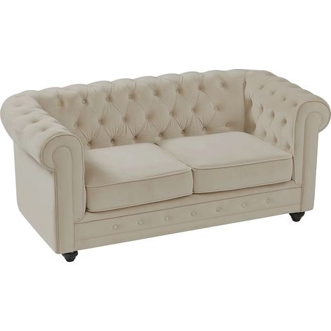 Vente-Unique – Canapé 2 places convertible chesterfield en velours beige – Assise déhoussable – Confort équilibré – Dimensions 165x88x72 cm (1/5)