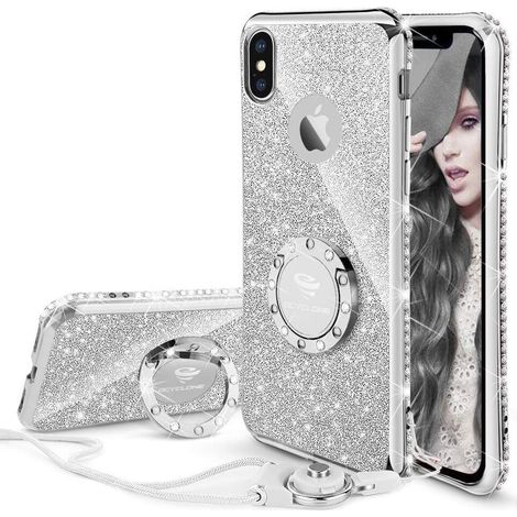 Custodia per telefono con anello di supporto, anello magnetico girevole a 360 gradi, adatta a dispositivi da 5,8 pollici, cuscinetto d'aria antiurto con glitter olografici. (1/2)