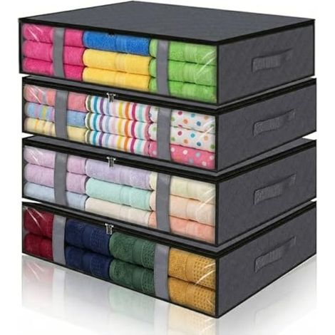 Lot de 4 Sac Rangement Vetement 60x45x15cm Rangement Sous Lit avec Fenêtre Transparente pour Couettes, Draps, Vêtements, Chambre à Coucher, Placard (1/4)