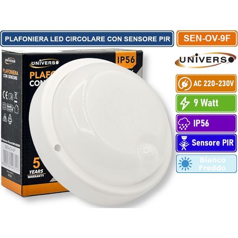 UNIVERSO SEN-OV-9F PLAFONIERA LED 9 WATT DOME LIGHT CIRCOLARE CON SENSORE DI MOVIMENTO DA ESTERNO IP56 (1/4)