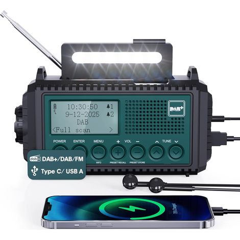 Radio à Manivelle Dab+/Dab/FM avec Batterie Rechargeable 5000mAh, Urgence avec Lampe de Poche, Camping Portable avec Fonction de Charge USB, Dynamo SOS Alarme, pour la Randonnée (1/5)