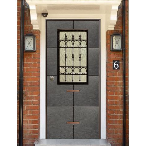Porta Blindata Grigio per Esterno con Vetro e Grata Portone di Ingresso (1/4)