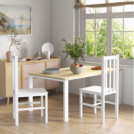 Juego de 2 sillas de comedor, respaldo de lamas, pies antideslizantes, madera de pino, blanco (1/5)