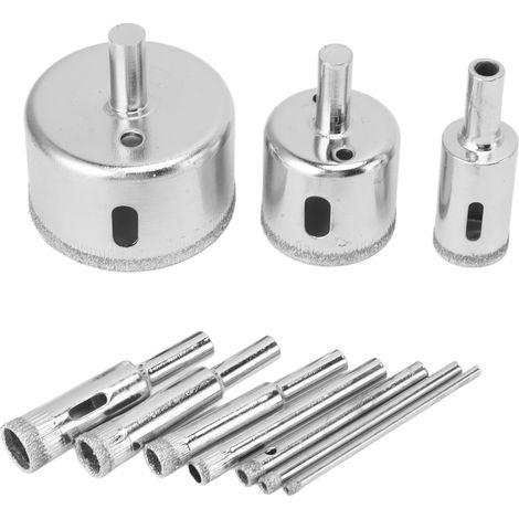 Lot de 10 forets diamantés pour la découpe du verre, du carrelage, de la céramique, du marbre et de la porcelaine (diamètres : 3, 4, 5, 6, 8, 10, 12, 18, 32 et 50 mm). (1/5)