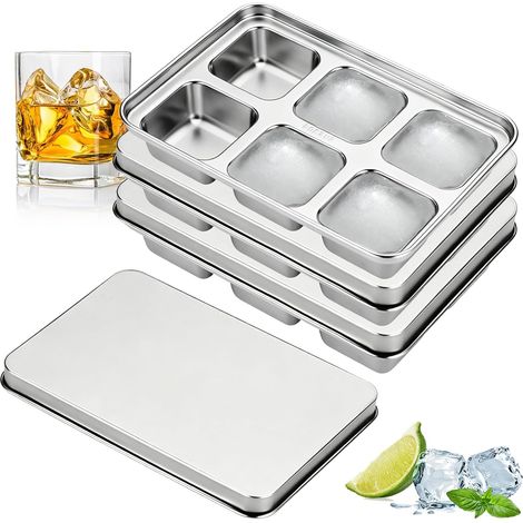 Bac à Glaçons Inox, Grande Bac à Glacons avec Couvercle, 6 Compartiments, Bac Glacons Métal, Démoulage Facile, Idéal pour Cocktails, Whiskey et Congélateur (1/5)
