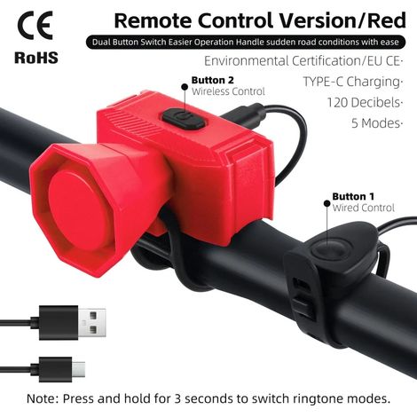 (Rouge, à double bouton) Sonnette de vélo électronique, chargement Type-C, 5 modes, légère et étanche. (1/5)