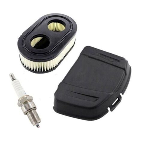 Air filter cover for Briggs & Stratton lawnmower engines of the 625E, 625EXi, 650EXi, 675EXi, 675IS, 103M and 104M series. Replaces part numbers 594106 and 798452. Includes BS-OHV RC12YC spark plug.--
