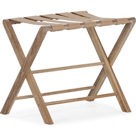 Porte bagages en teck naturel et cuir crème lavé élégant - Teck naturel et cuir crème (1/3)