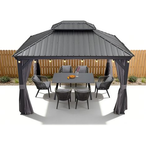 PURPLE LEAF 4 x 3 m tonnelle de jardin, pergola aluminium extérieure avec moustiquaire et rideaux, hardtop pavillon double toit en acier galvanisé avec guirlande LED, gris (1/5)