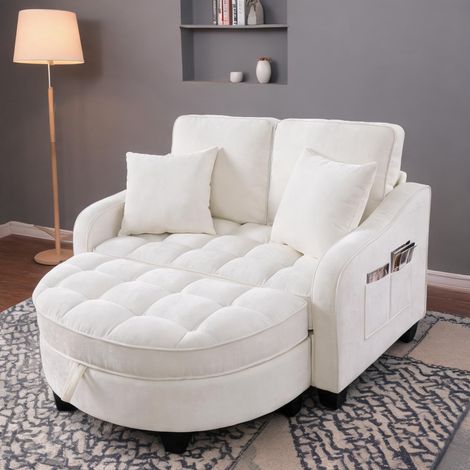 Canapé-lit 2-en-1 convertible avec pouf de rangement bois beige (1/5)