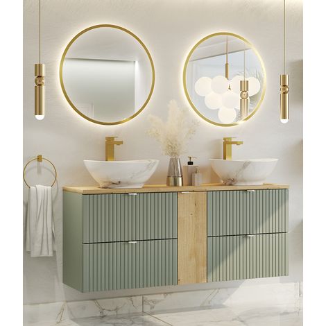 Badmöbel Set 3-teilig in grün und Eiche mit 140cm Waschtisch, NEWPORT-56-GREEN (1/5)