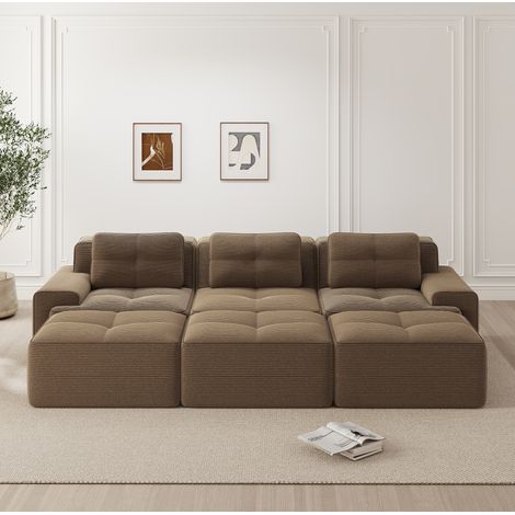Canapé modular de pana marrón, asiento profundo de 74 cm y diseño bajo sin montaje (1/5)