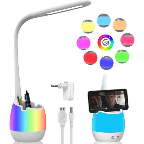 Lampe de Bureau Enfant, Lampe de Table D'étude Eye Caring avec Porte Crayon/Batterie 2000mAh/8 Veilleuse Colorée/3 Modes/3 Niveaux de Luminosité/Contr (1/5)