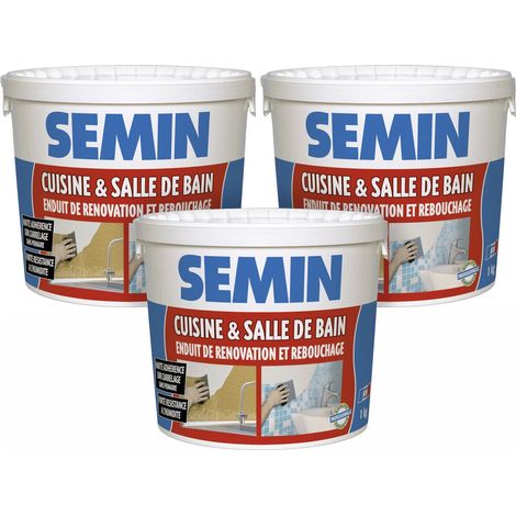 Lot de 3 enduits de rebouchage et rénovation spécial cuisine et salle de bain Semin - adapté aux pièces humides - seau de 1 kg (1/5)