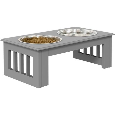 Station d'alimentation surélevée pour chien avec 2 gamelles en acier inoxydable, base MDF antidérapante, 44 x 24 x 15 cm, gris - CHICFURN (1/5)