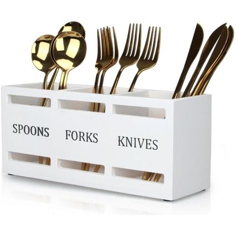 Porte-couverts en bois, blanc, porte-couverts, porte-ustensiles de cuisine pour fête, en bois, couverts, organisateur, récipient de rangement de comptoir, porte-cuillère et fourchette, couverts, panie (1/5)