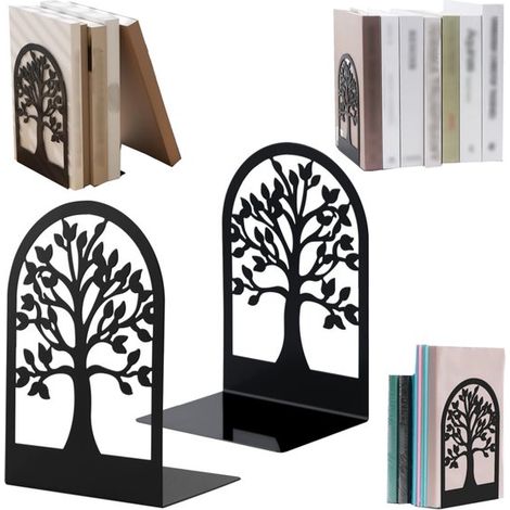 Serre-livres en métal lot de 2 - supports en forme d'arbre 17,5 x 12 cm pour bureau, noir (1/5)