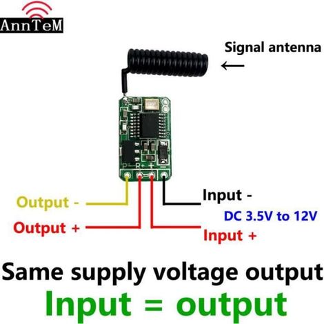 Module de commande 433 MHz - 3,7 V à 15 V CC - 3 A - Pour lampe LED, moteur, serrure électrique - Kit avec télécommande - 1 pièce (1/4)