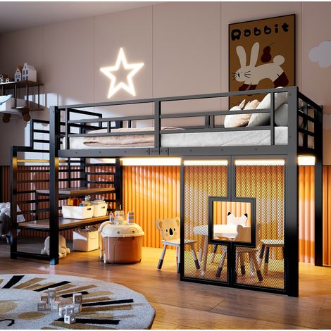 Hochbett 90x200 cm Schwarz aus Metall und MDF mit Treppe, Stauraum, Fenstern und LED-Beleuchtung (1/5)