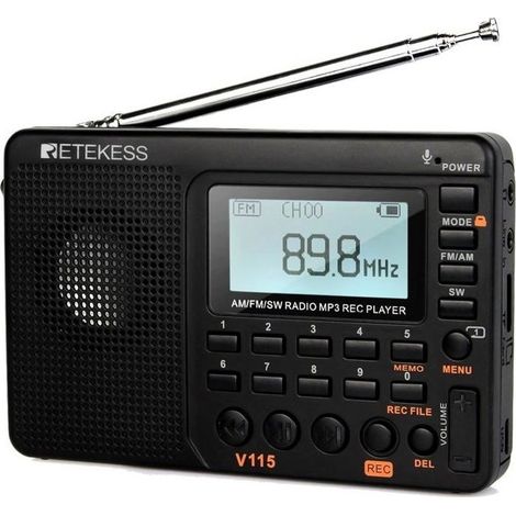 (v115-Black)Retekess V115 Radio Portable, Small Radio Rechargeable,FM AM SW, Batteries and Sector, Card TF, Enregistreur,MP3,Timer of Sleep (1/4)