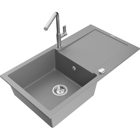 Mexen Leo 1 Becken-Granitspüle mit Abtropffläche und Mischbatterie Flora, Grau - 6501-71-670401-00